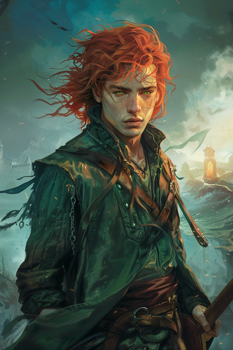 Kvothe, the Kingkiller Chronicle character with vibrant red hair.