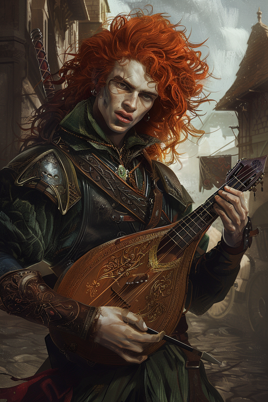 Kvothe with fiery red hair, playing lute by inn.