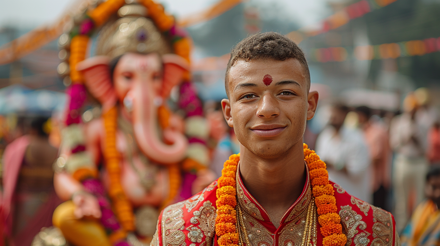 Kylian Mbappé in red sherwani at Ganesh festival.