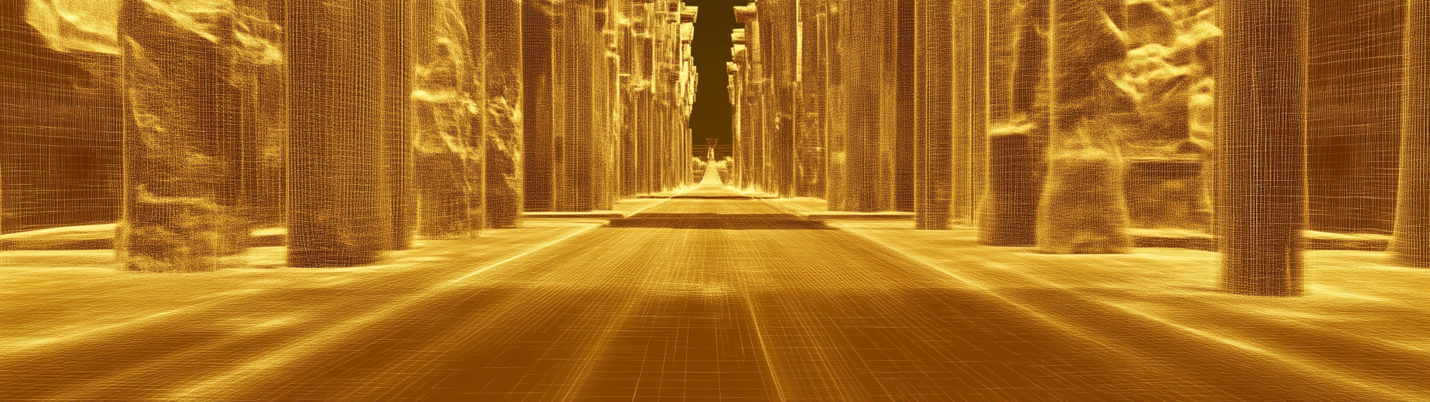 LIDAR scan of street in mythical city, golden colors.