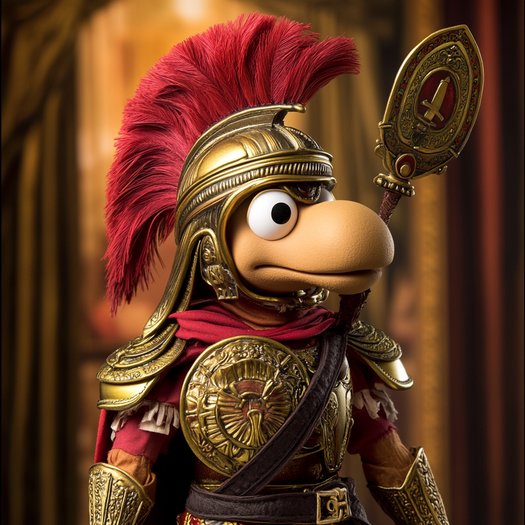 Lady Sparta puppet in Spartan armor with red helmet.