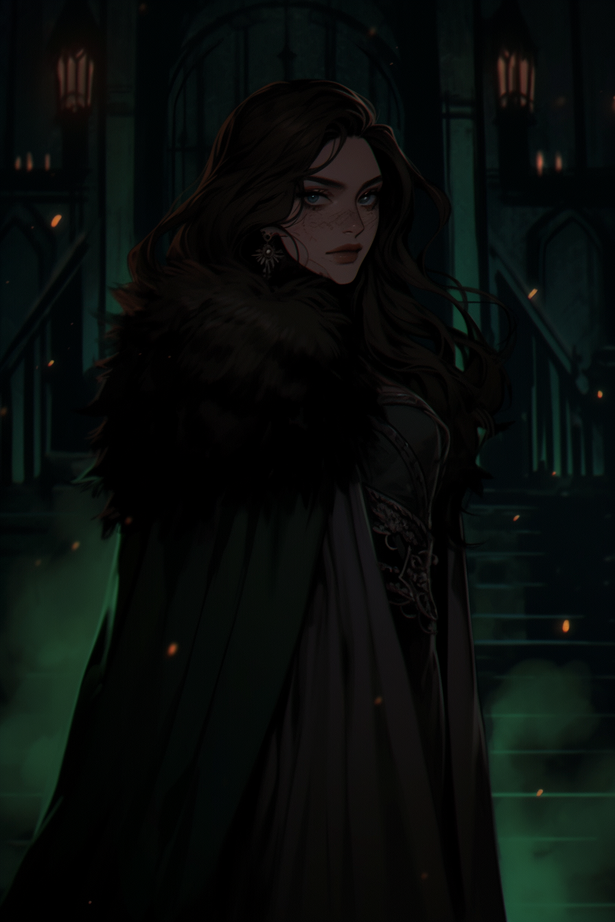 Lady in Winterfell Castle at night, 30, tall