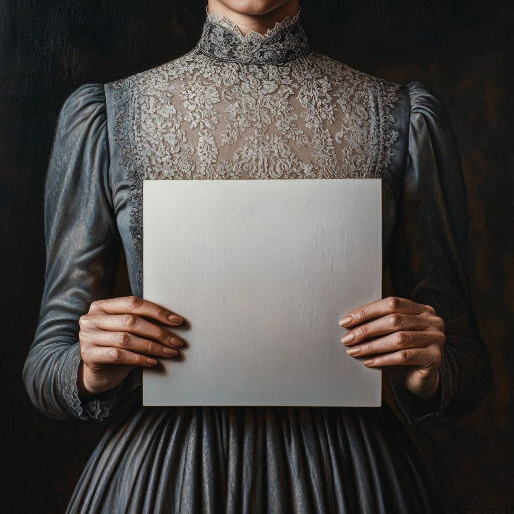 Lady in elegant dress holding paper, dark background.