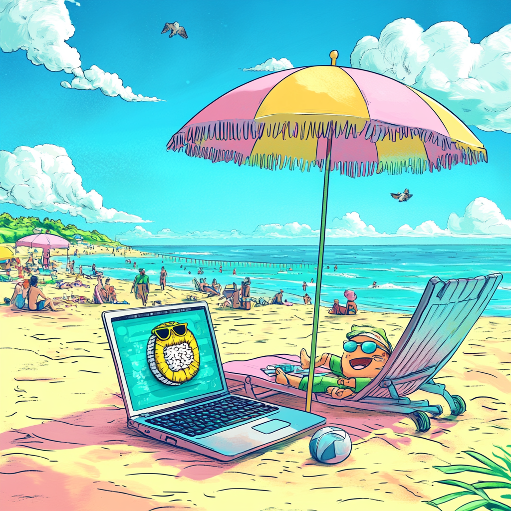 Laid-back Beach Scene with Crypto Wallet and Sushi Character