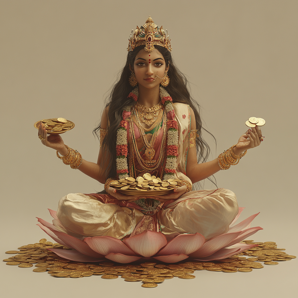 Lakshmi sitting on lotus with golden jewelry