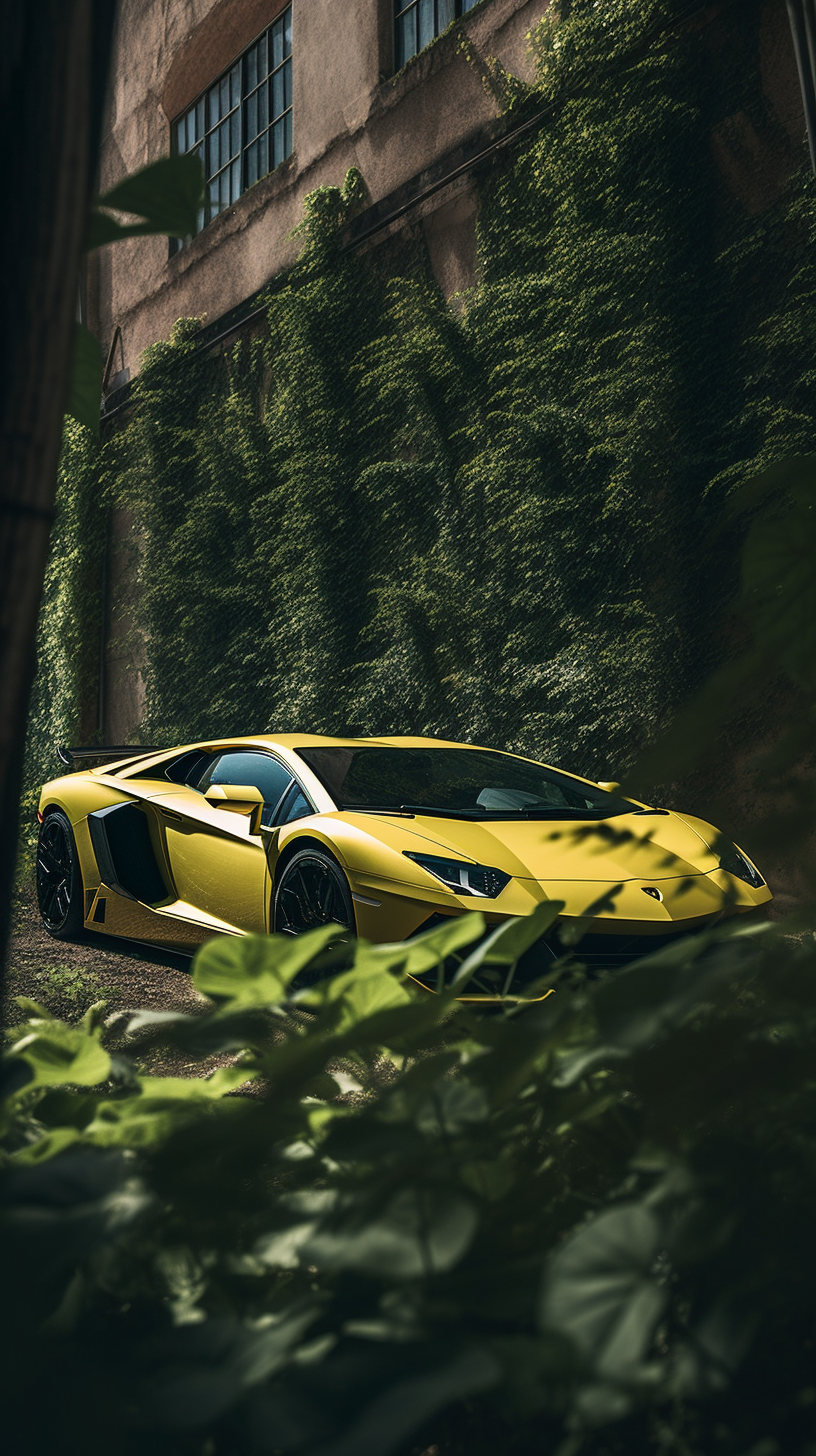 Lamborghini Aventador in Natural Setting with Lush Foliage.