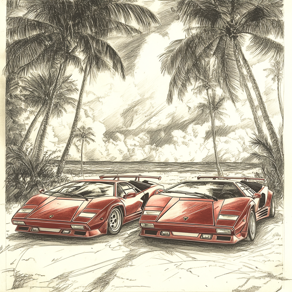 Lamborghini Countach pencil drawing on 90s car magazine.