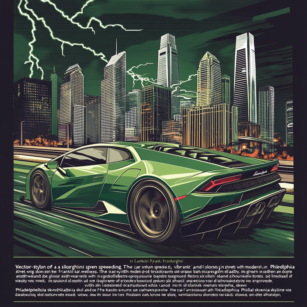 Lamborghini racing in Philadelphia with lightning storm backdrop.