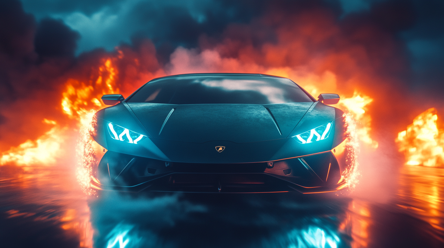 Lamborghini sports car in fiery apocalyptic background