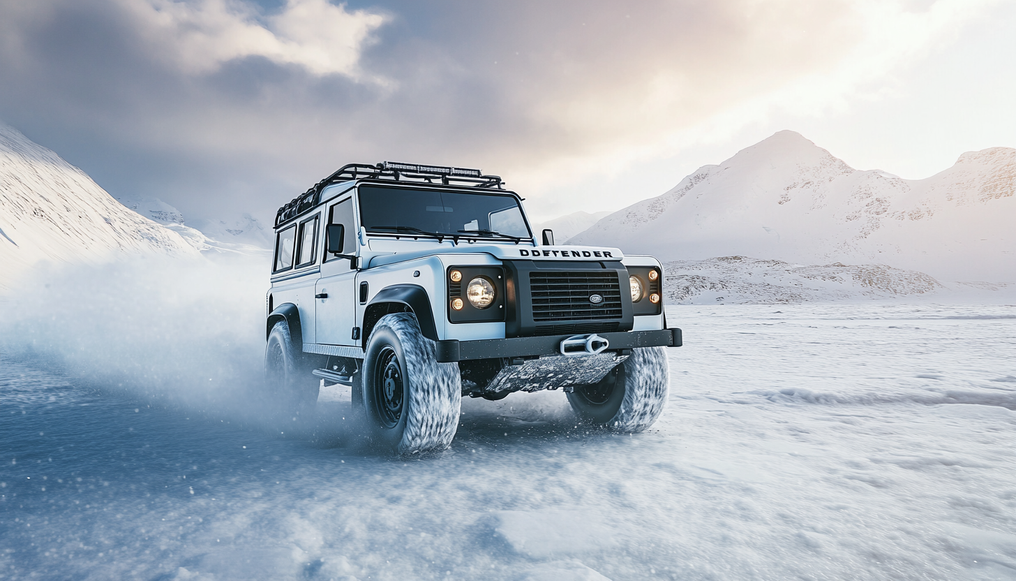 Land Rover Defender in Antarctica, natural light, photorealistic.