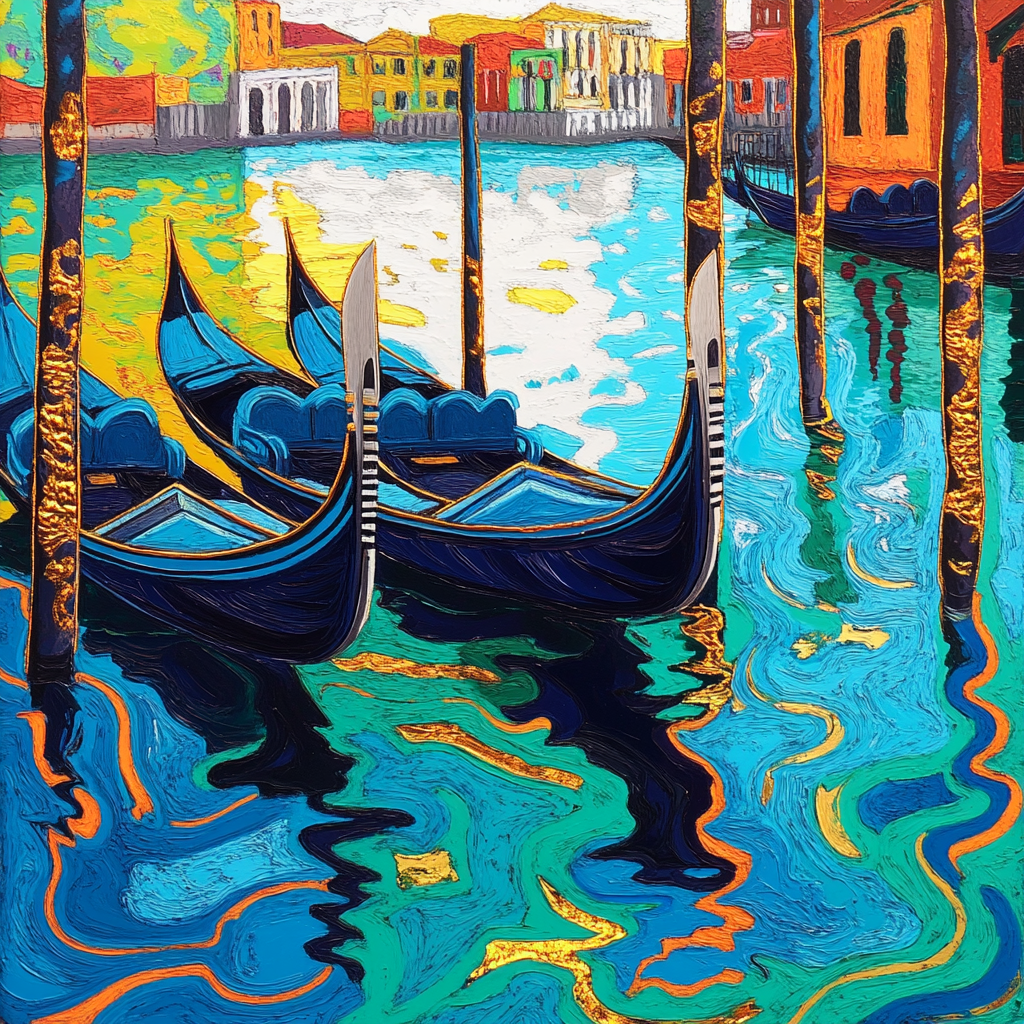 Landscape of gondoliers reflection in Venice waters, bright colors.