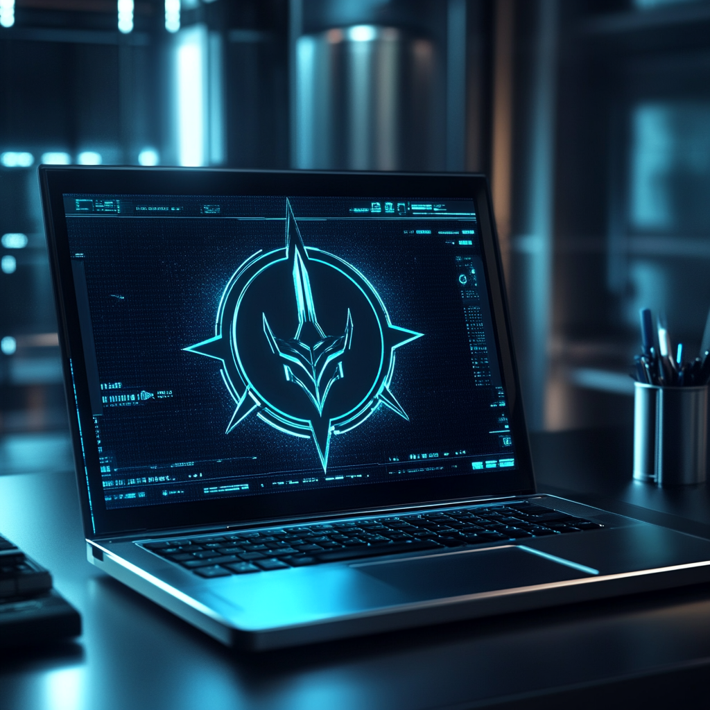 Laptop with trident sign symbolizes defense against threats.