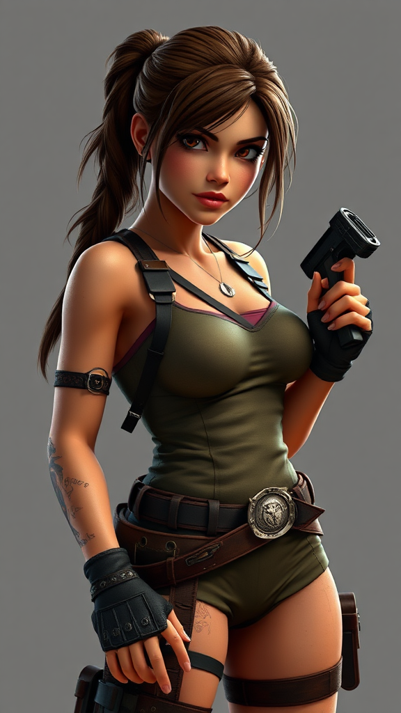 Lara Croft in videogame style with 3D model.