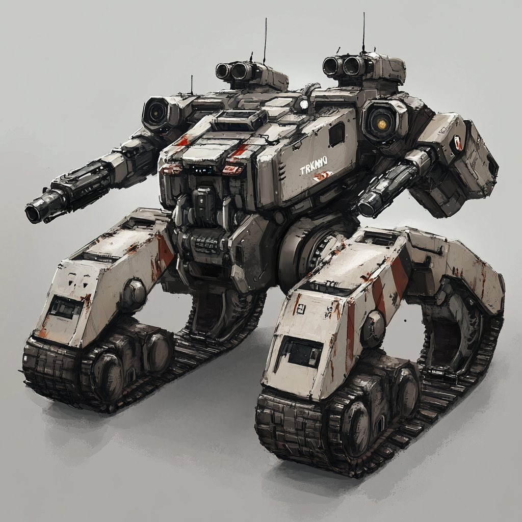 Large, modern mecha-tank with treads, weapons, mechanical arms.