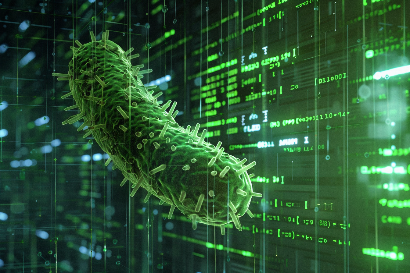 Large Legionella bacteria in focus, matrix-style computer dashboard background.