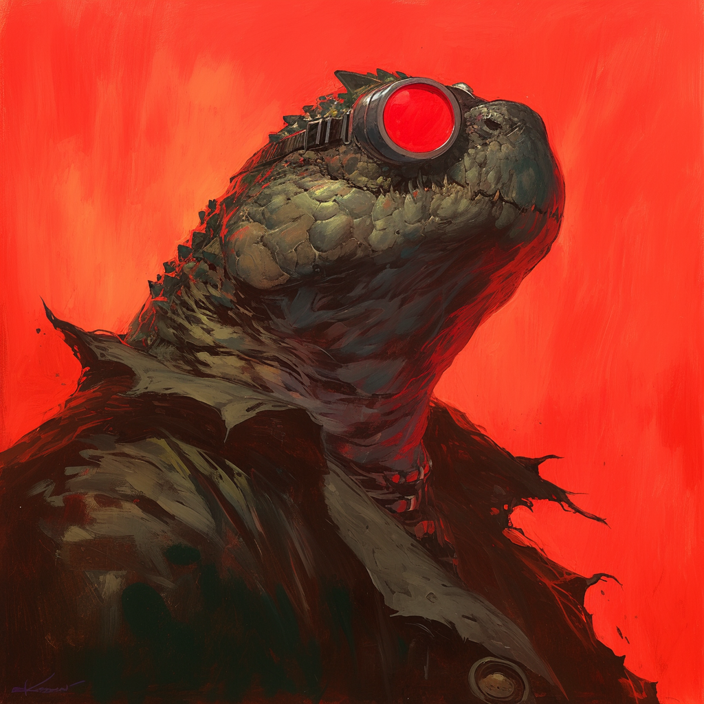 Large Lizardfolk in gas mask, red goggles, scarred skin.