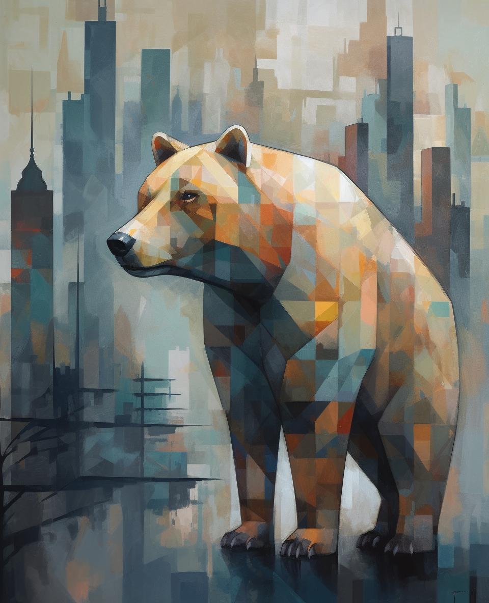 Large bear standing on hind legs in abstract cityscape.