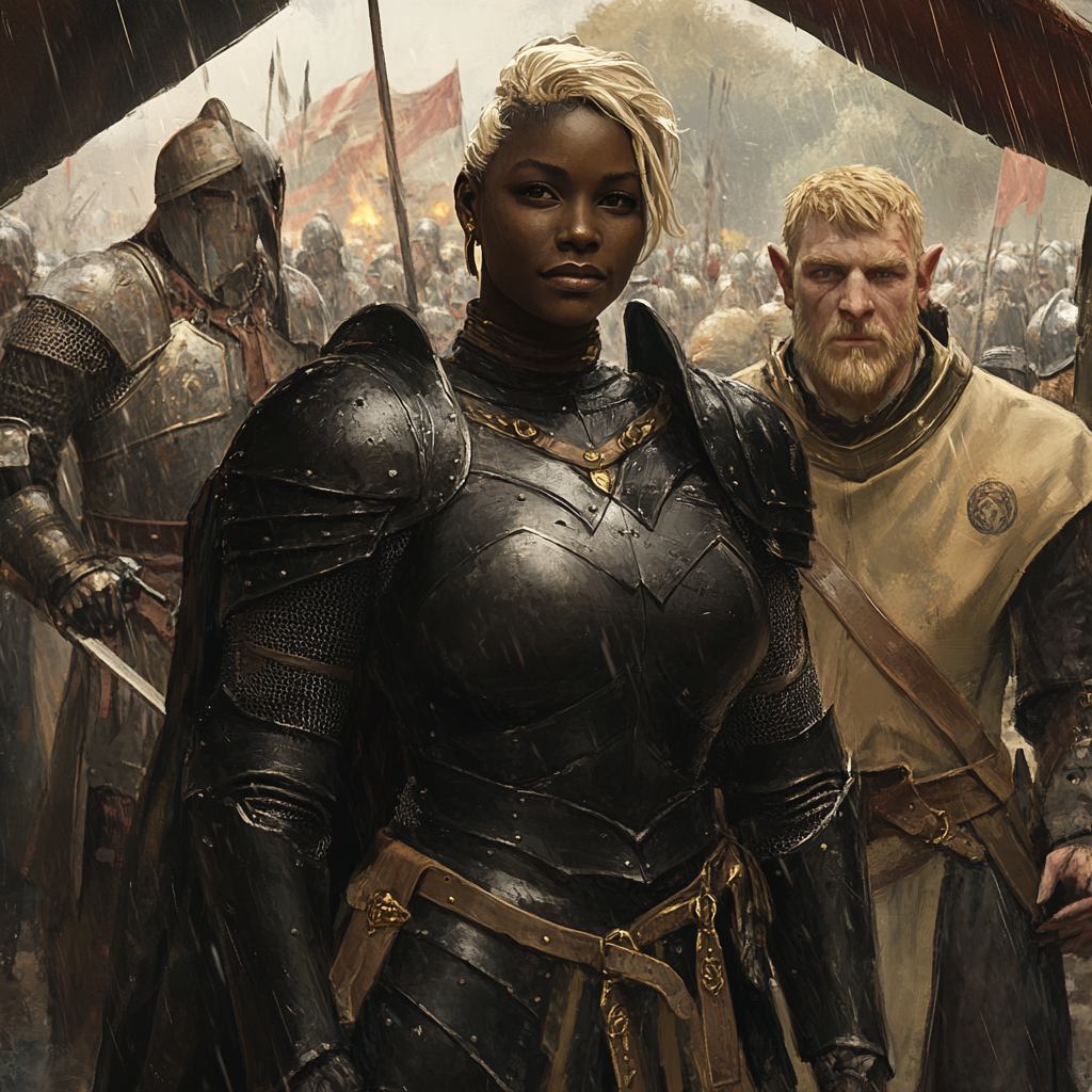 Large black woman in black armor with elf soldier.