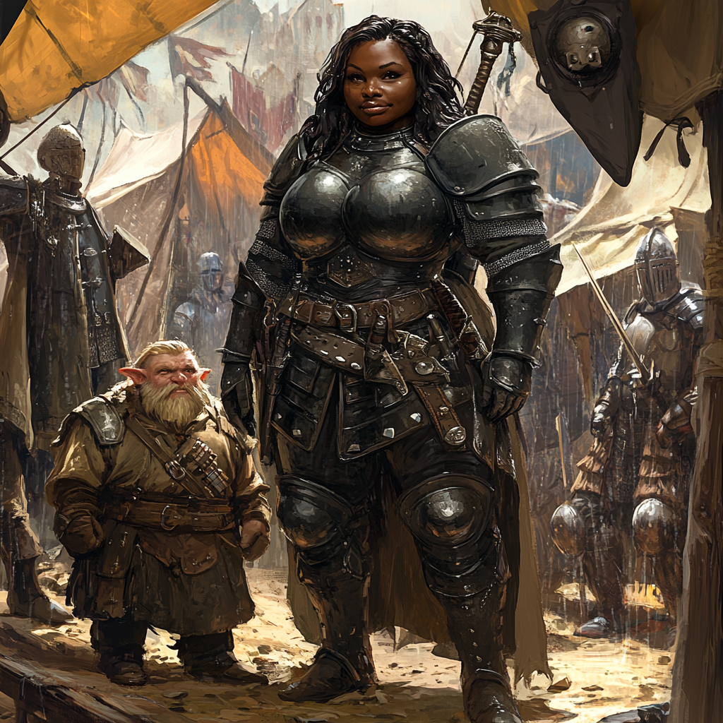 Large black woman in plate armor and gnome in tent.