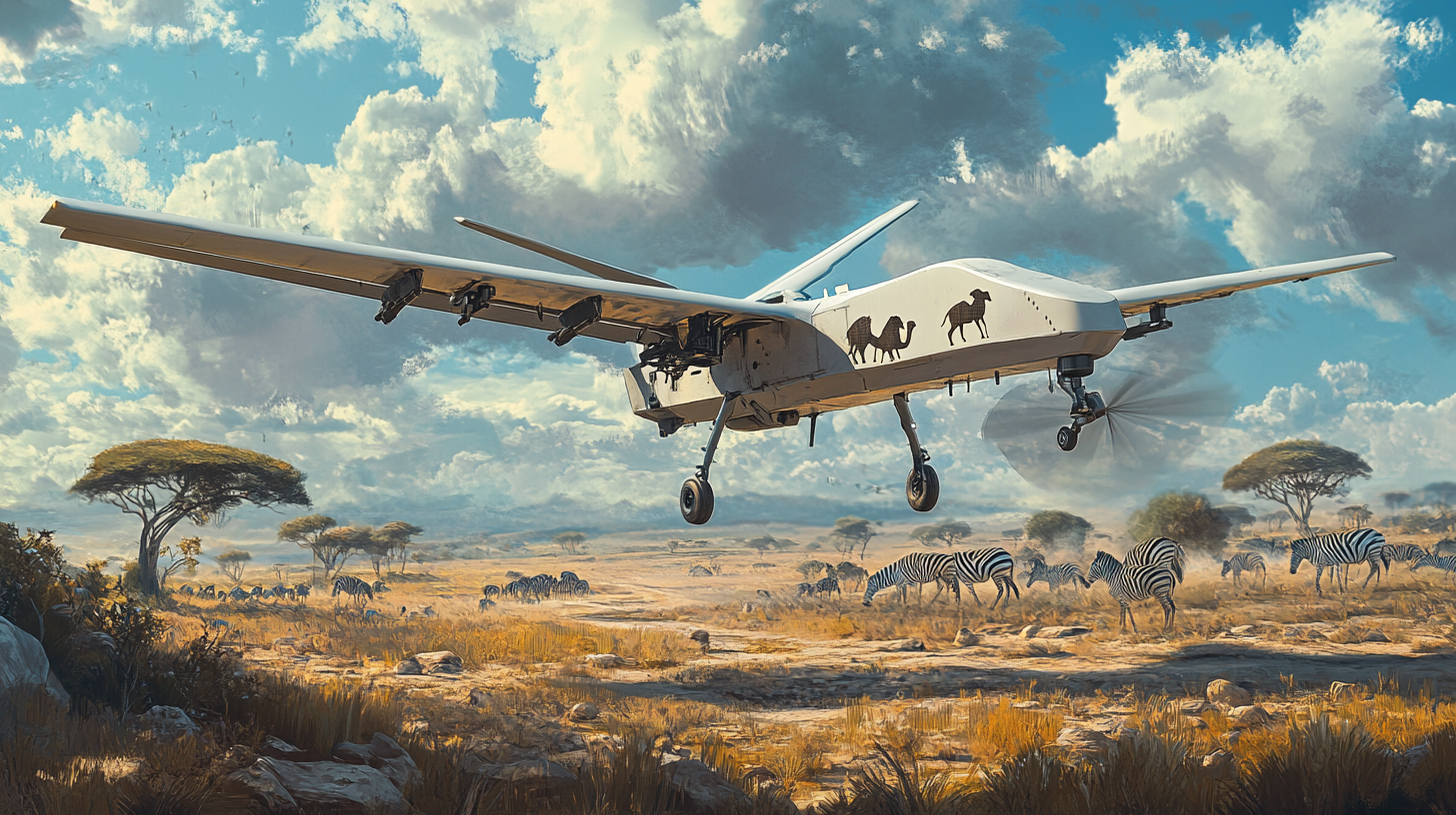 Large cargo drone with camel pattern flying over savannah.