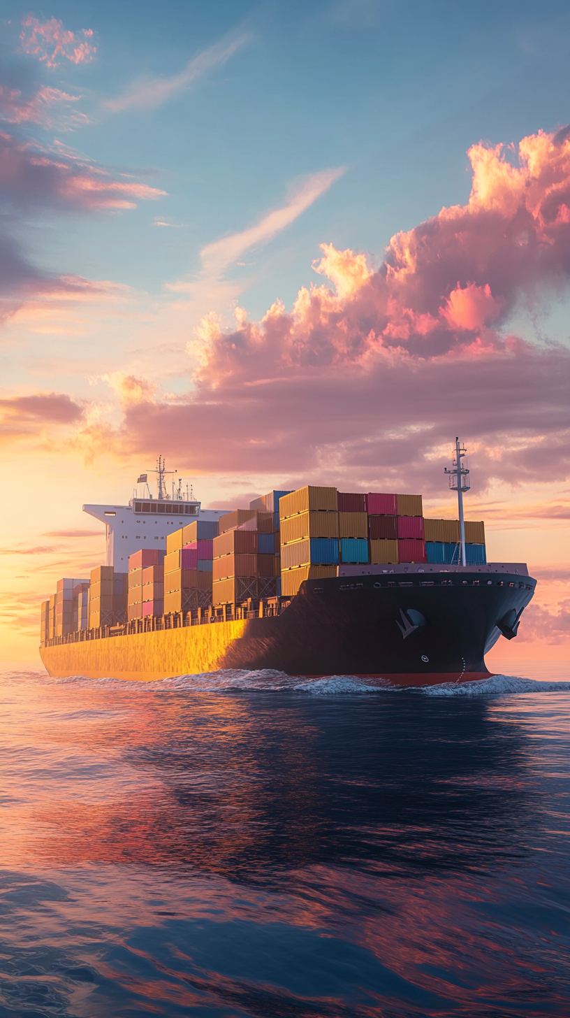 Large cargo ship with colorful containers sailing at sunset.