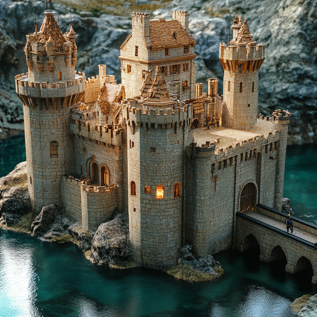 Large castle with moat, guard, Hollywood-style lighting.