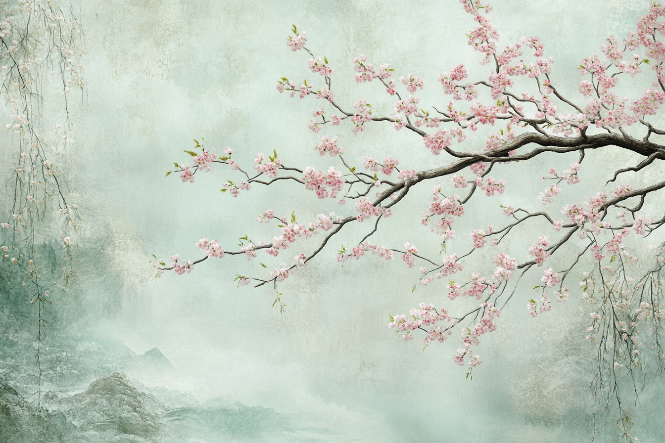 Large cherry blossom tree mural in serene setting.