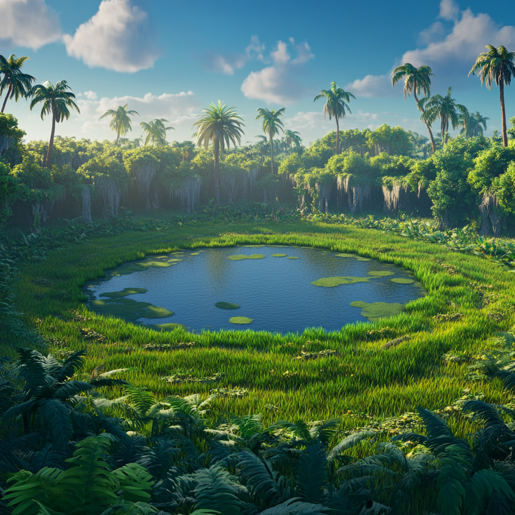 Large circular track covered in grass and swamp.