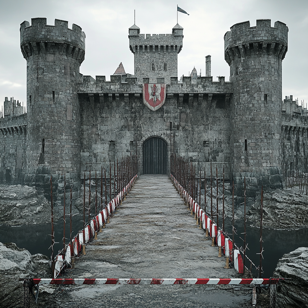 Large core castle with moat, bridge, sharp stakes, barrier.