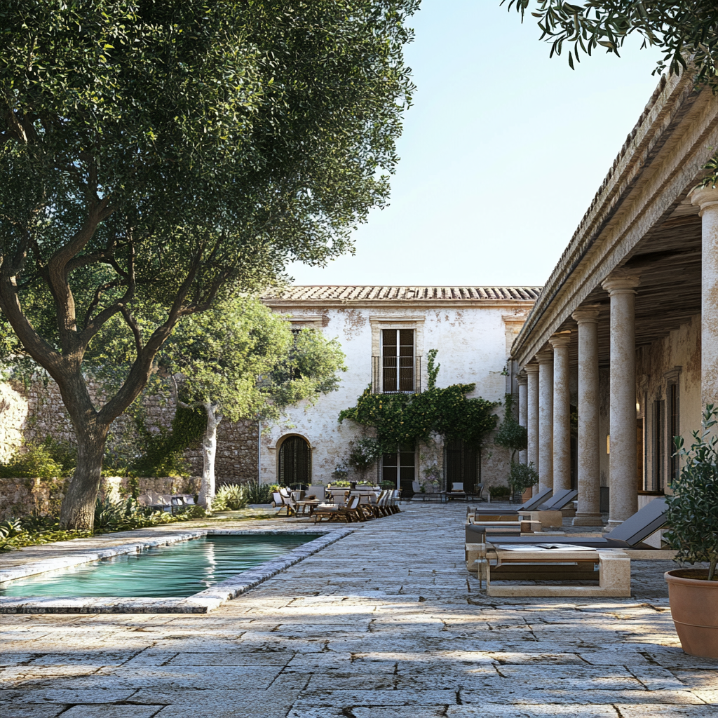 Large courtyard in old Sicilian villa with swimming pool.