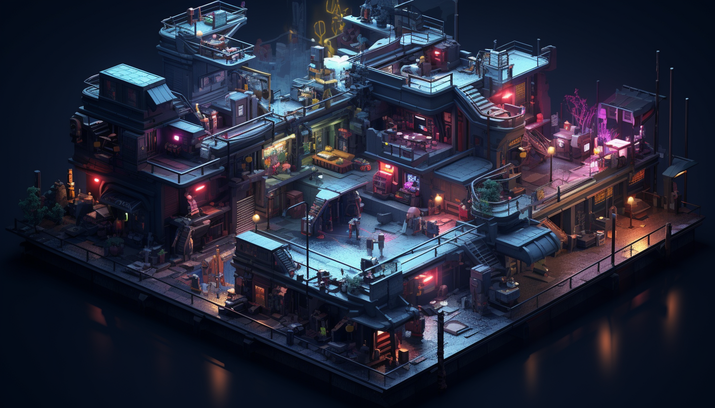 Isometric pixelated cyberpunk hacker lab image.