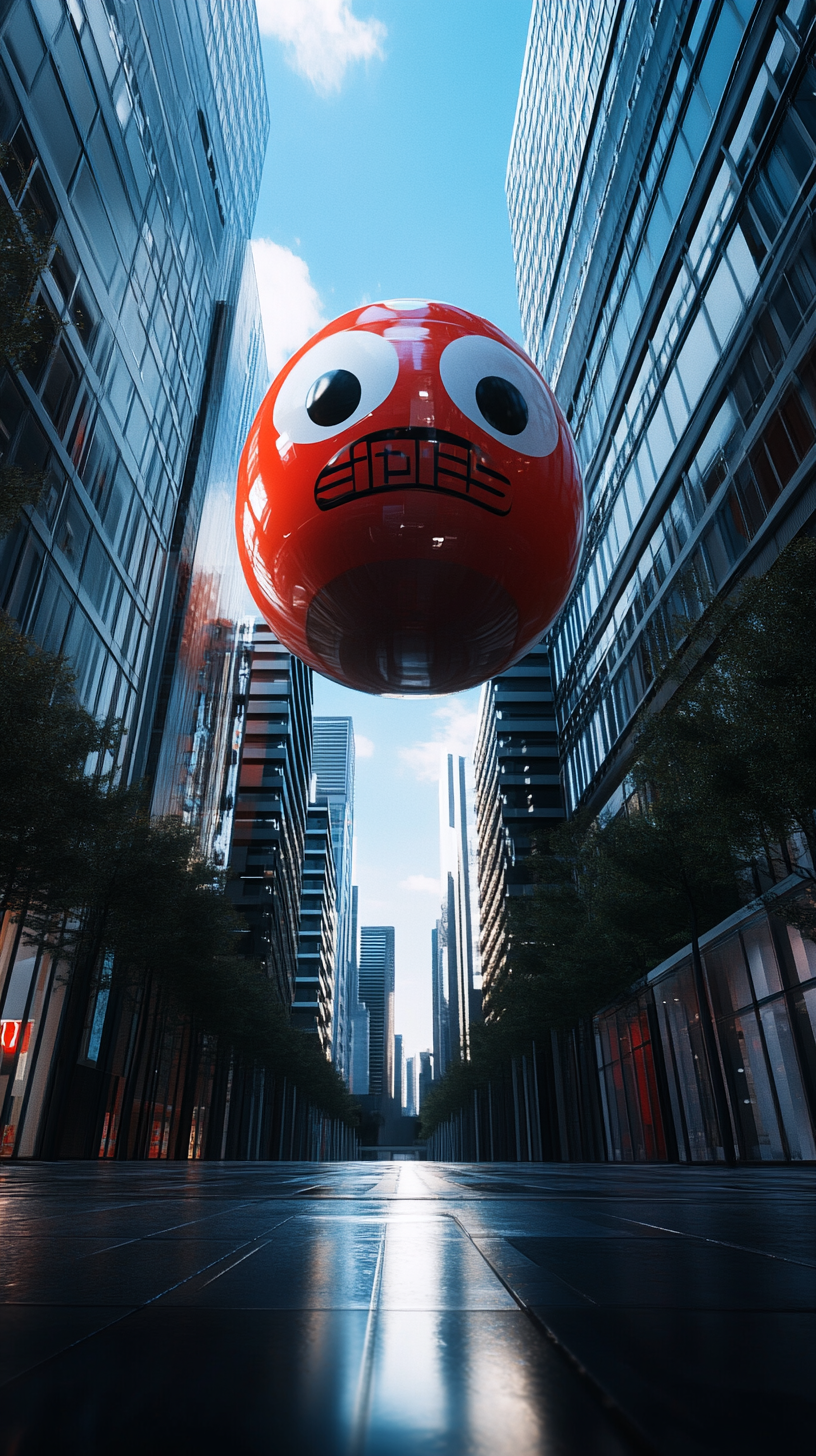 Large daruma yokai, floating among high-rise buildings, gazing solemnly.