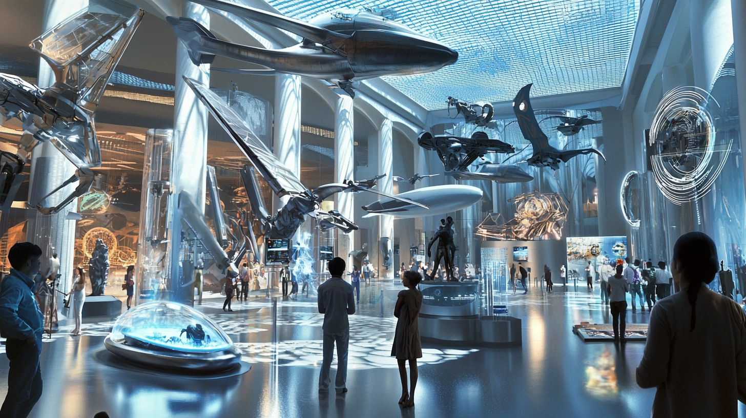 Large floor, modern museum, Indian people, futuristic holograms.