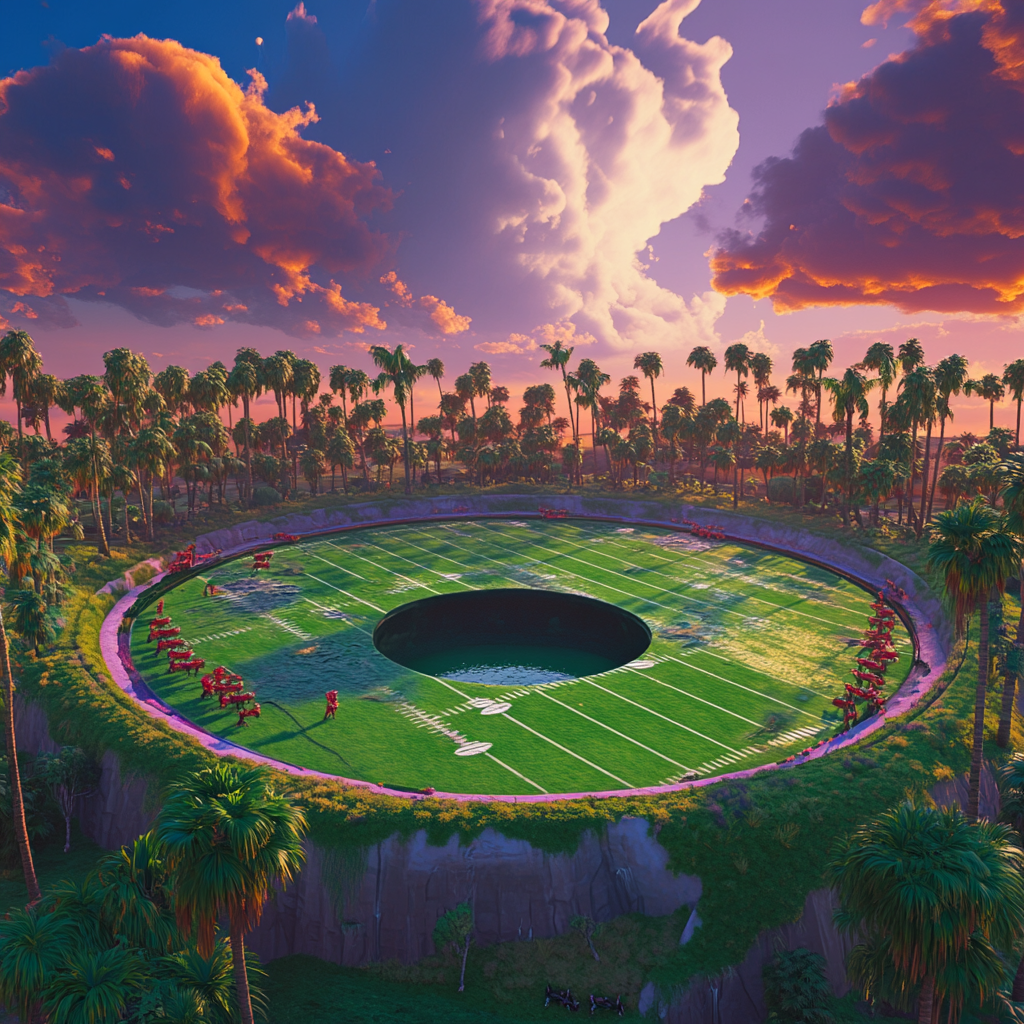 Large football field with higher outer edge. Lime water, palm and oak trees. Green swamp monsters. Storm clouds. Fortnite style.