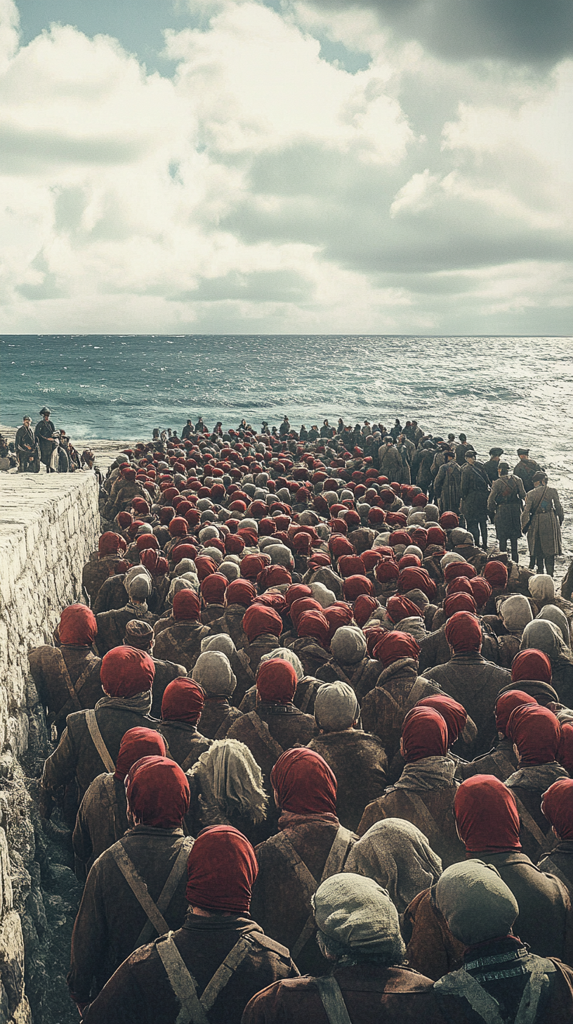 Large group of Ottoman prisoners looking weary on beach.