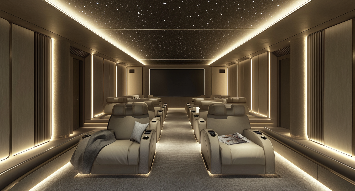 Large home cinema room with starry LED lighting.