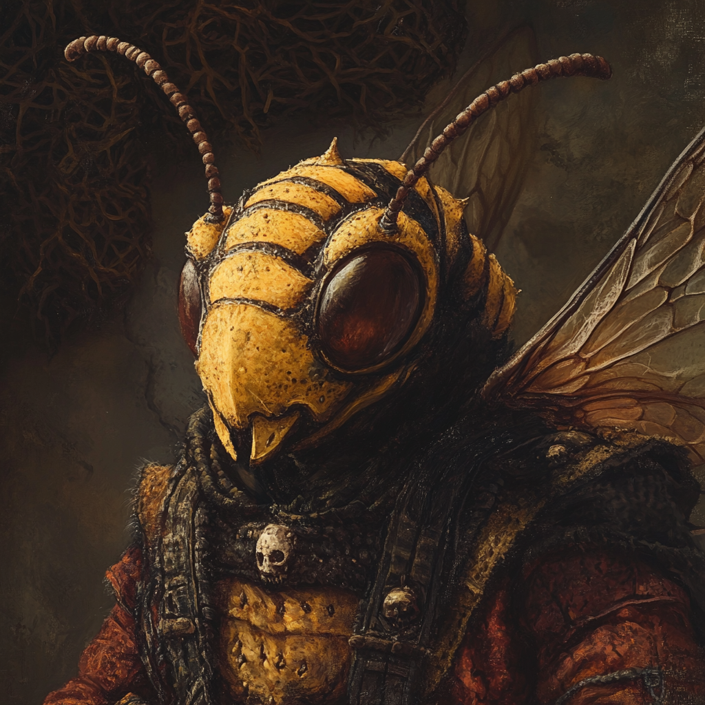 Large hornet in tunic, nest backdrop, realistic fantasy portrait.