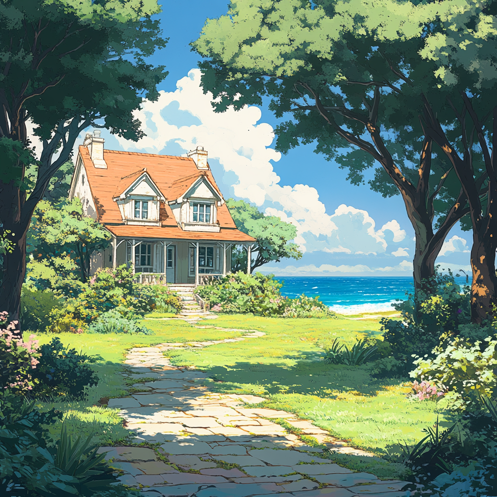 Large house in Studio Ghibli style with ocean view