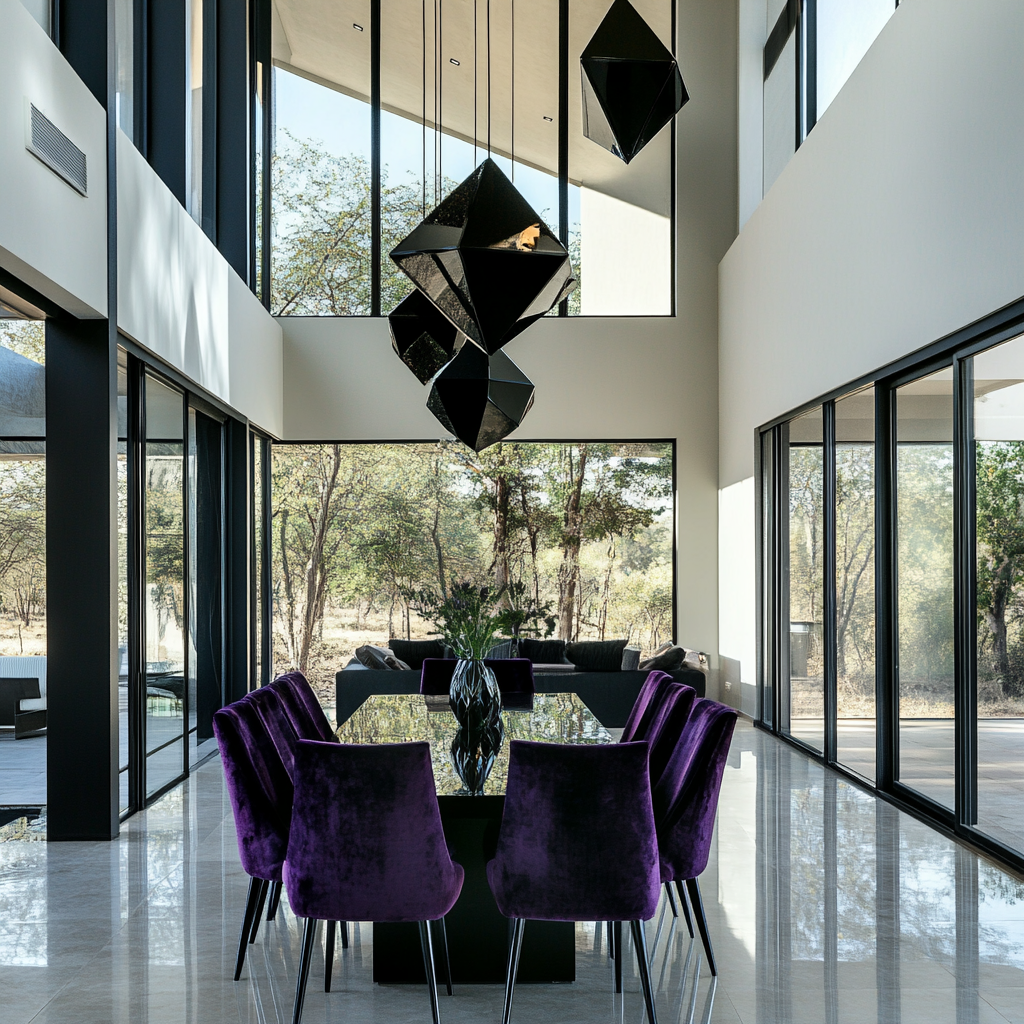 Large luxury dining room with black, white, purple accents.