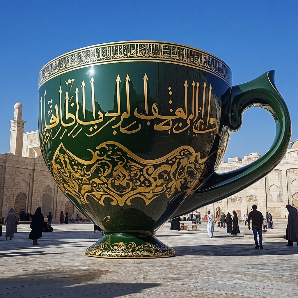 Large olive green, gold, and beige Arabic coffee mug sculpture.