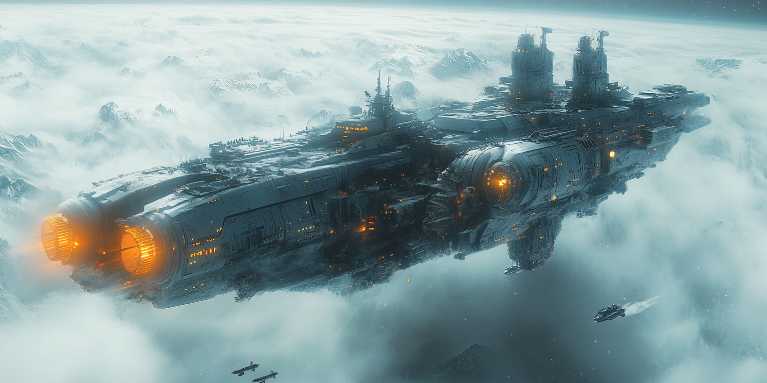 Large open hangar launching giant mechs in sci-fi warfare.