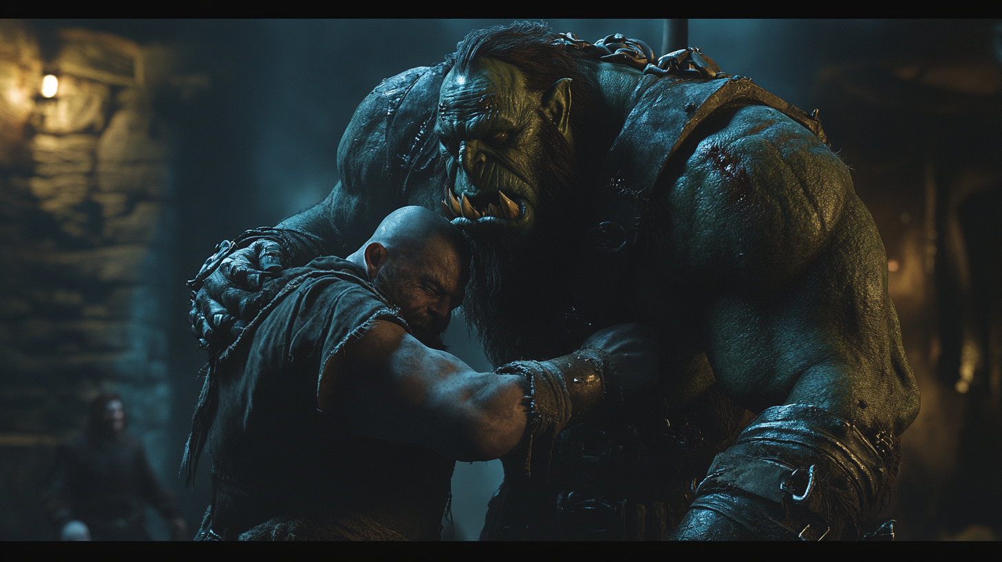 Large orc headlocking man with epic action in dark fantasy.