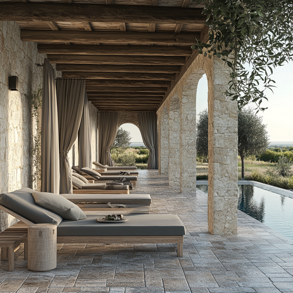 Large patio in Sicily with swimming pool and olive trees.