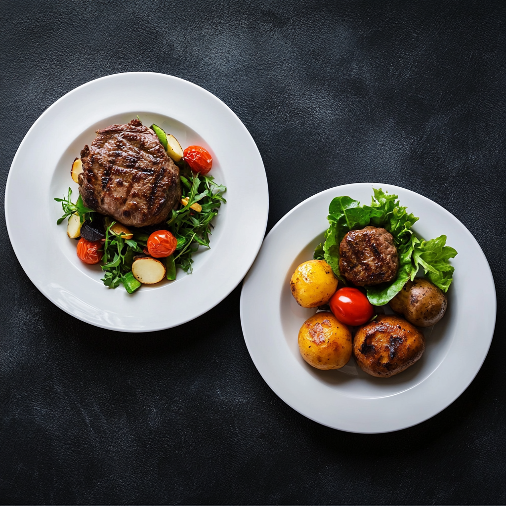 Large plate overflowing with food, small plate perfectly portioned.