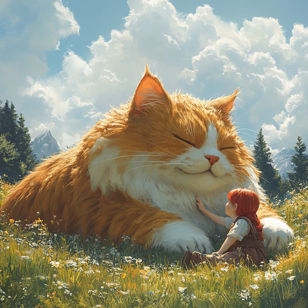 Large red cat, child with red hair cuddling.