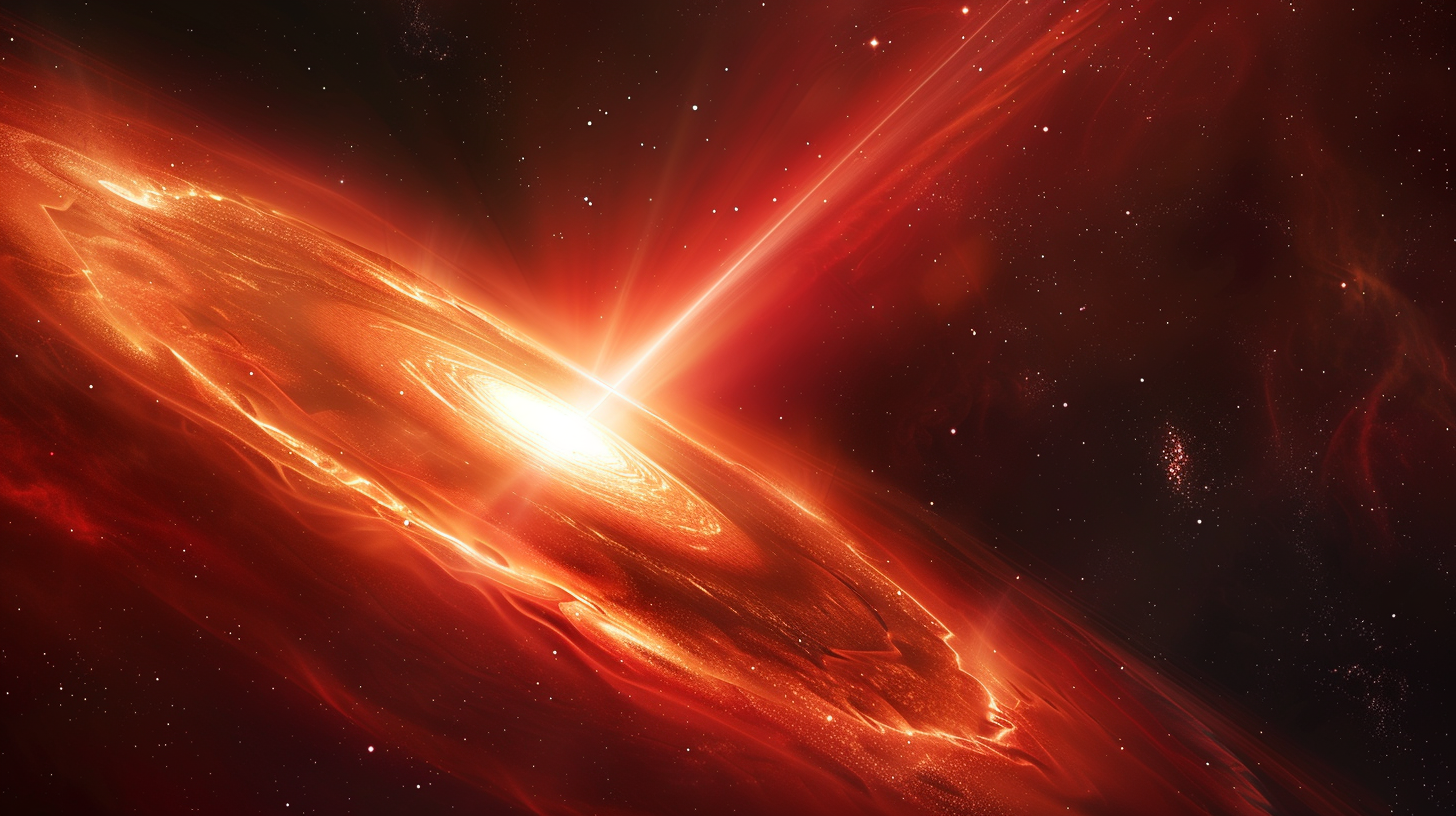 Large red star transfers matter to white dwarf. Bright accretion disk forms, shoots intense light beams.