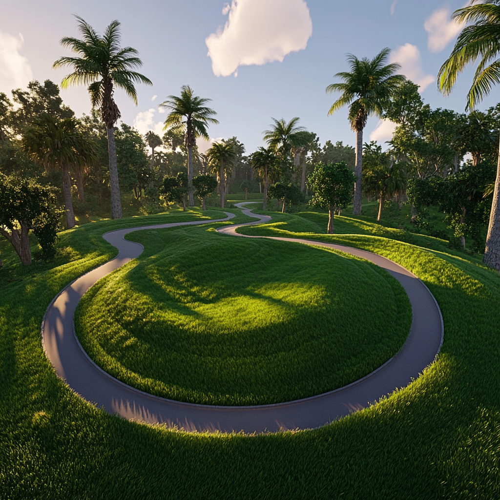 Large round track with green grass, palm and oak trees, styled like Fortnite.