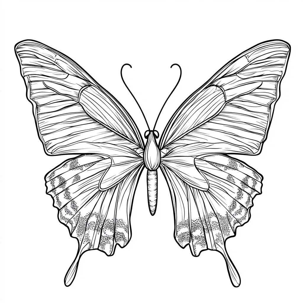 Large scale butterfly coloring page with chitin layers, detailed.