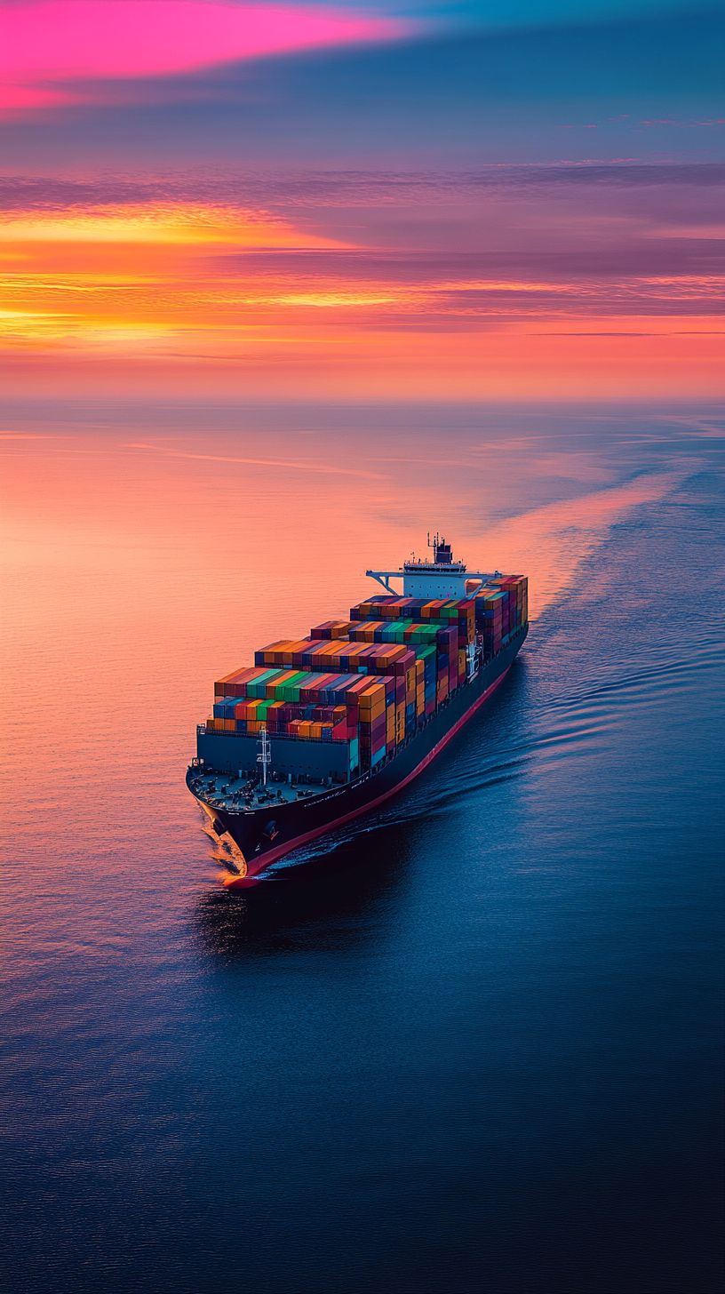 Large ship carrying colorful shipping containers on calm ocean.