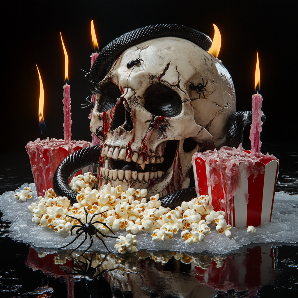 Large skeleton head with black snake, spider, candles, popcorn.